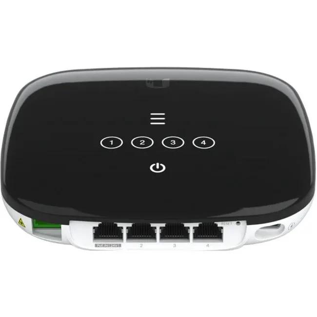Ubiquiti UniFi 1-Port WiFi 6 Router with black top and white base, four Ethernet ports