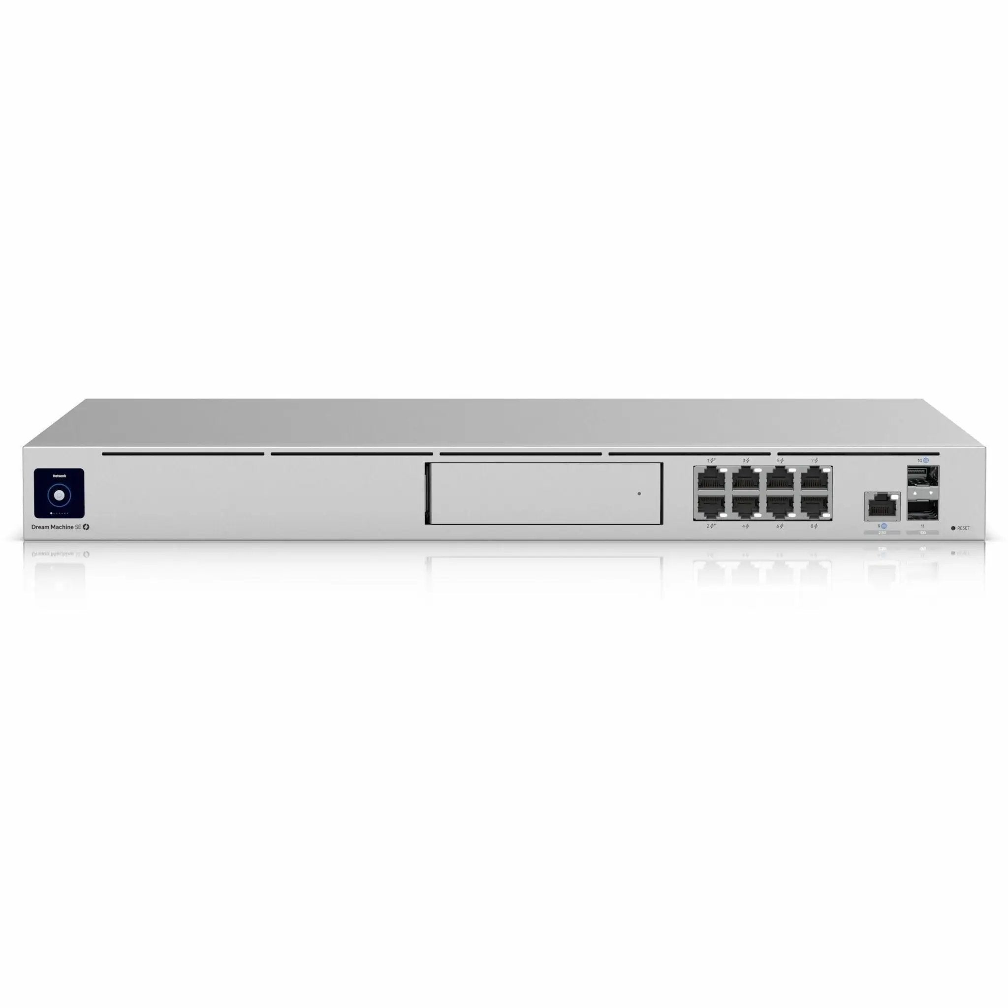 Ubiquiti UniFi UDM-SE 8-Port PoE router with silver metal chassis