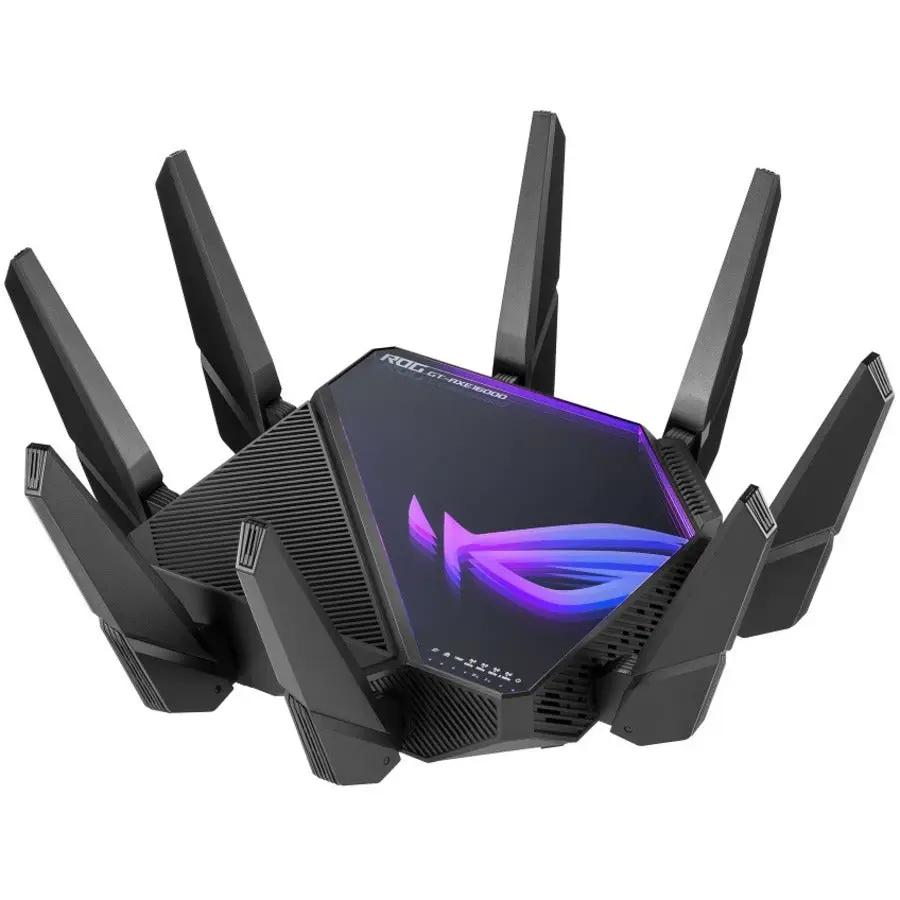 ASUS ROG GT-AXE16000 router with eight external antennas, black chassis and purple RGB lighting