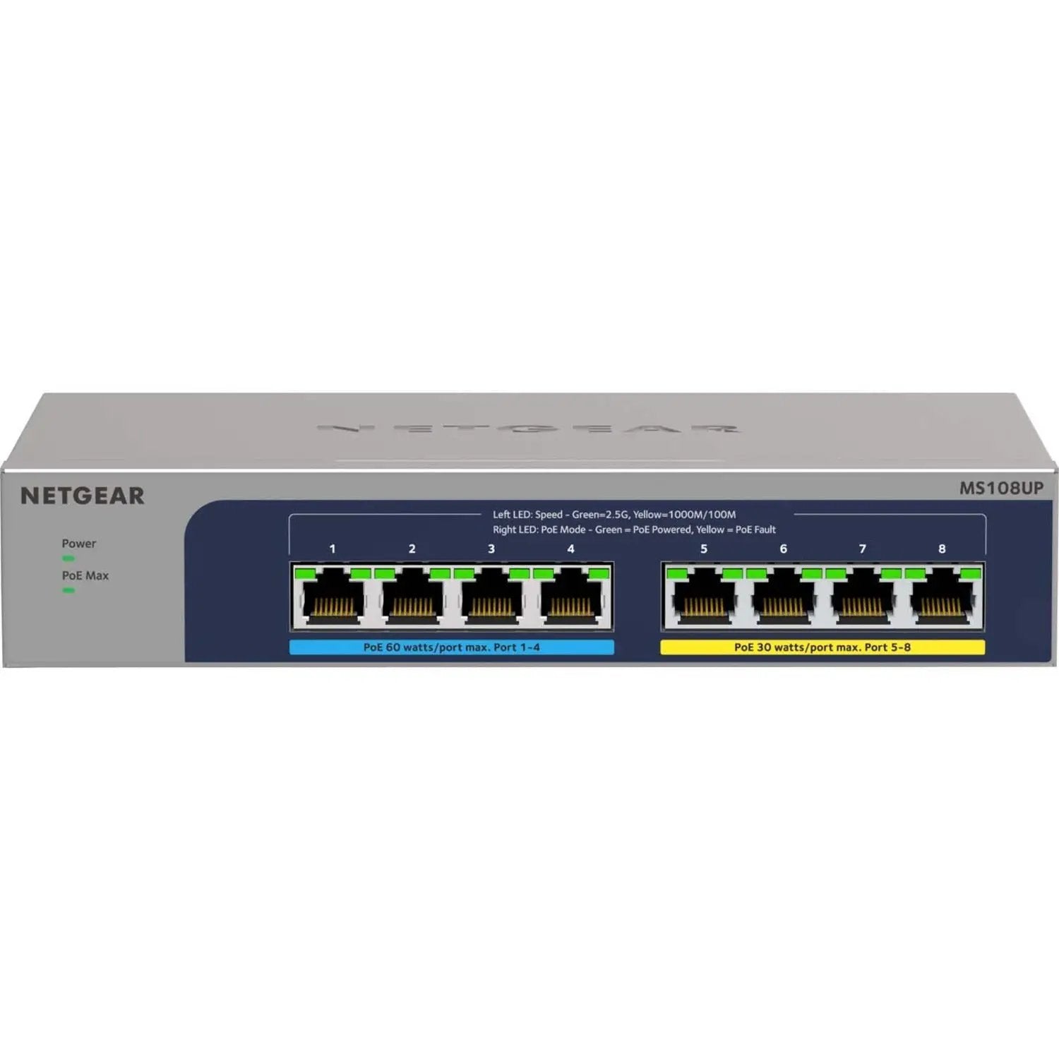 NETGEAR MS108UP 8-port PoE switch with blue front panel and green status LEDs