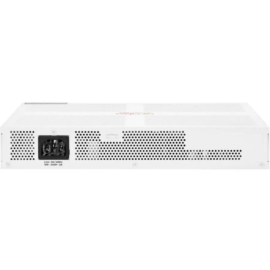 Aruba Instant On 1430 16-port Gigabit PoE unmanaged switch, white metal chassis, rear panel view