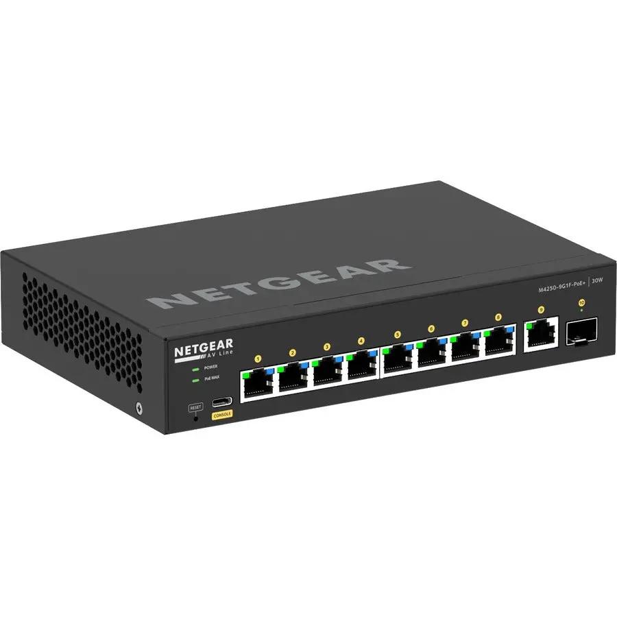 NETGEAR AVLine M4250 9-Port PoE+ managed switch, black metal enclosure