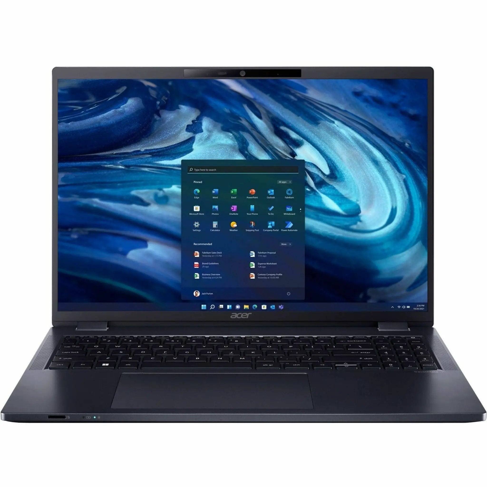 Acer TravelMate P4 laptop opened, dark gray chassis, keyboard visible, Acer logo on bottom bezel.