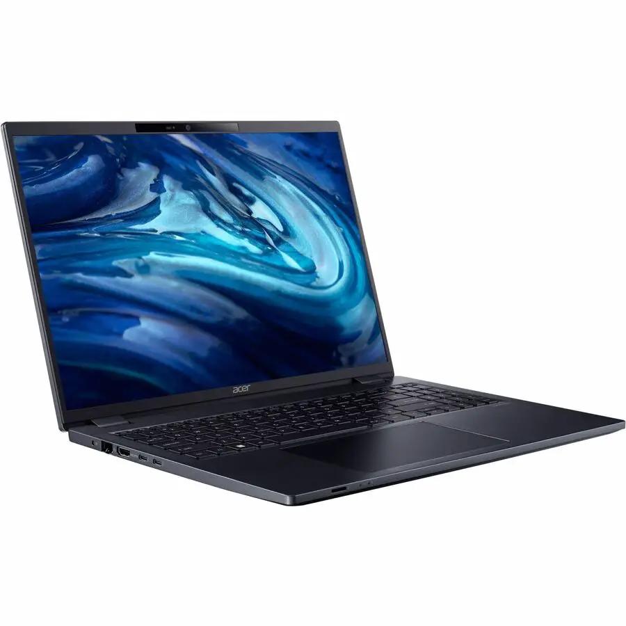 Acer TravelMate P4 notebook in slate blue, open with keyboard visible