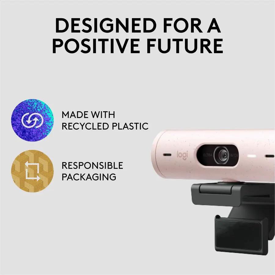 Logitech Brio 500 Full HD webcam, rose color, mounted on a clip on a gray background