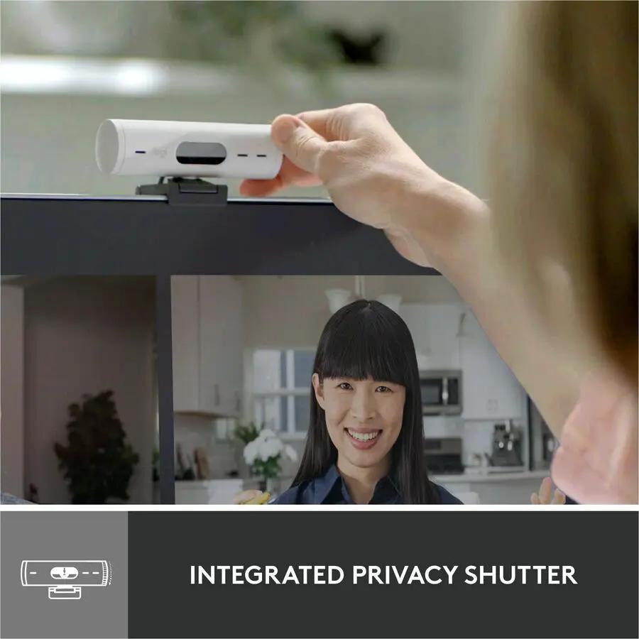 Logitech Brio 500 webcam, off-white, mounted on top of a monitor during a video call