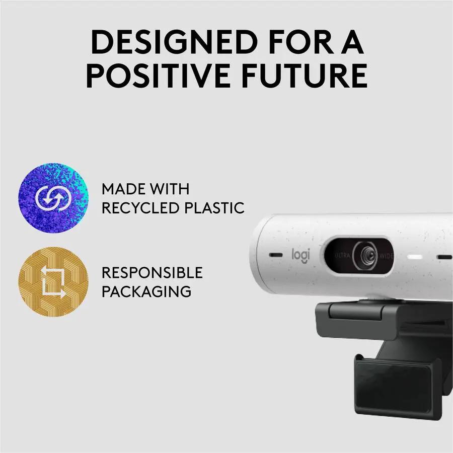 Logitech Brio 500 webcam, off-white color with privacy shutter on clip mount