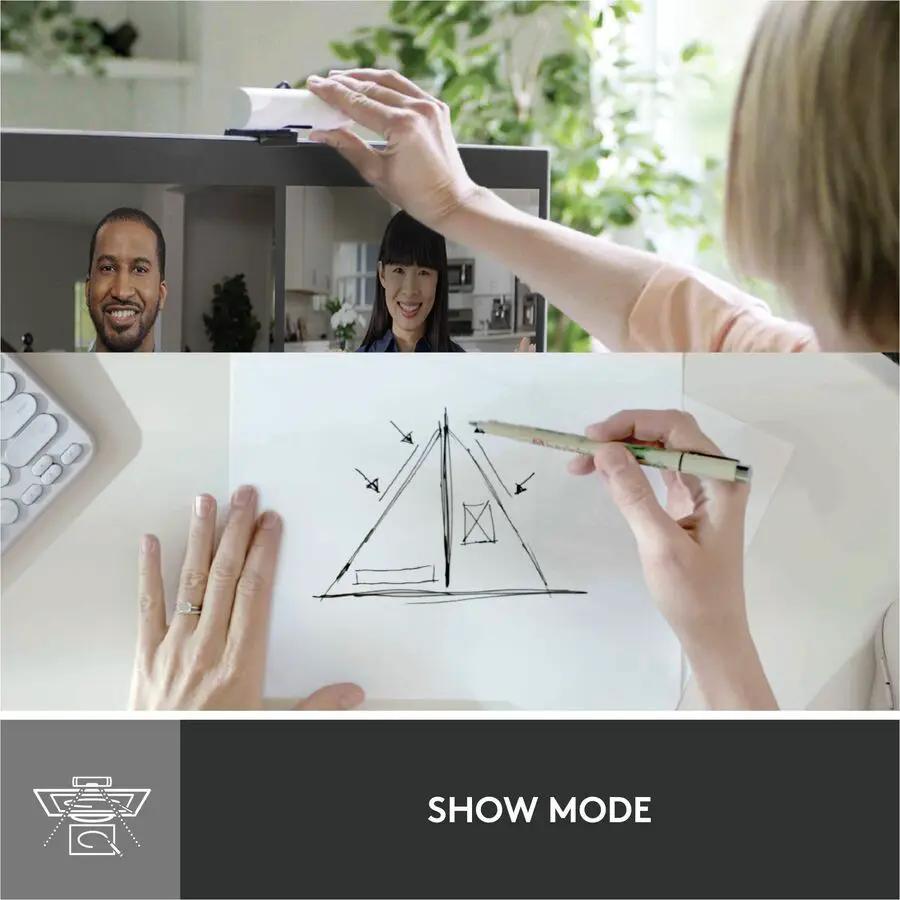 Logitech Brio 500 webcam, off-white, mounted on monitor with auto-framing and privacy shutter.