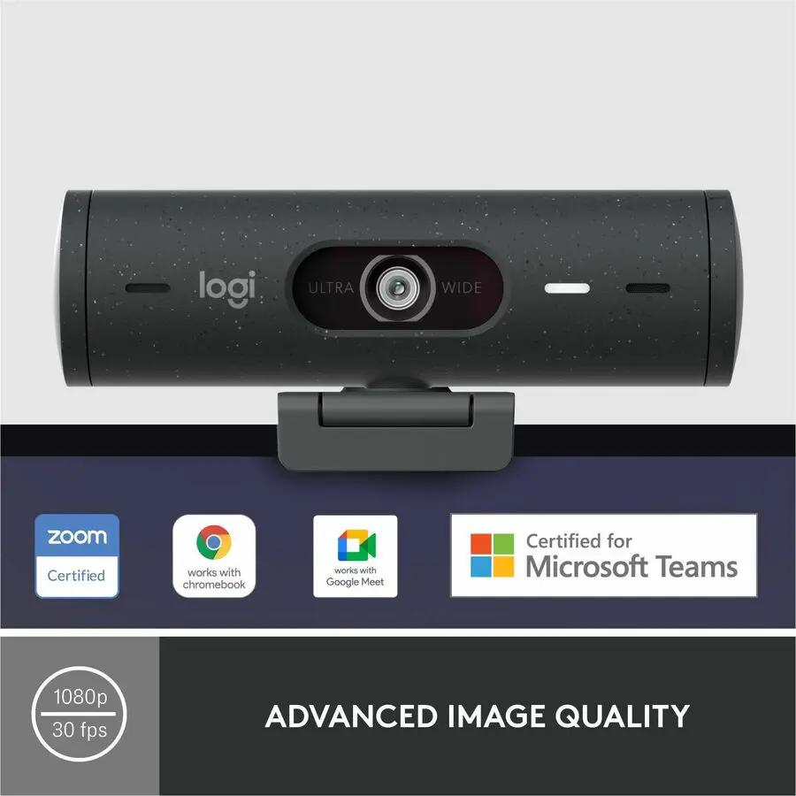 Brio 500 webcam graphite, Logi, mounted on monitor, with ultra-wide lens and 1080p 30fps.