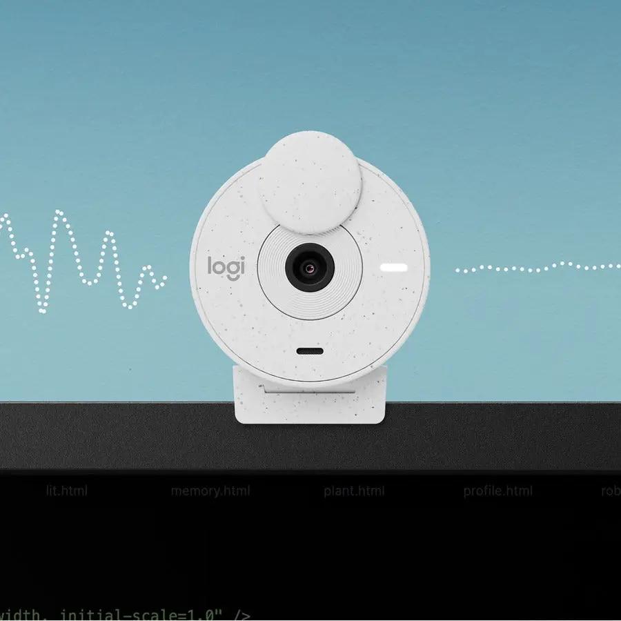 Logitech BRIO webcam, white/off-white, USB-C, mounted on a desk stand.