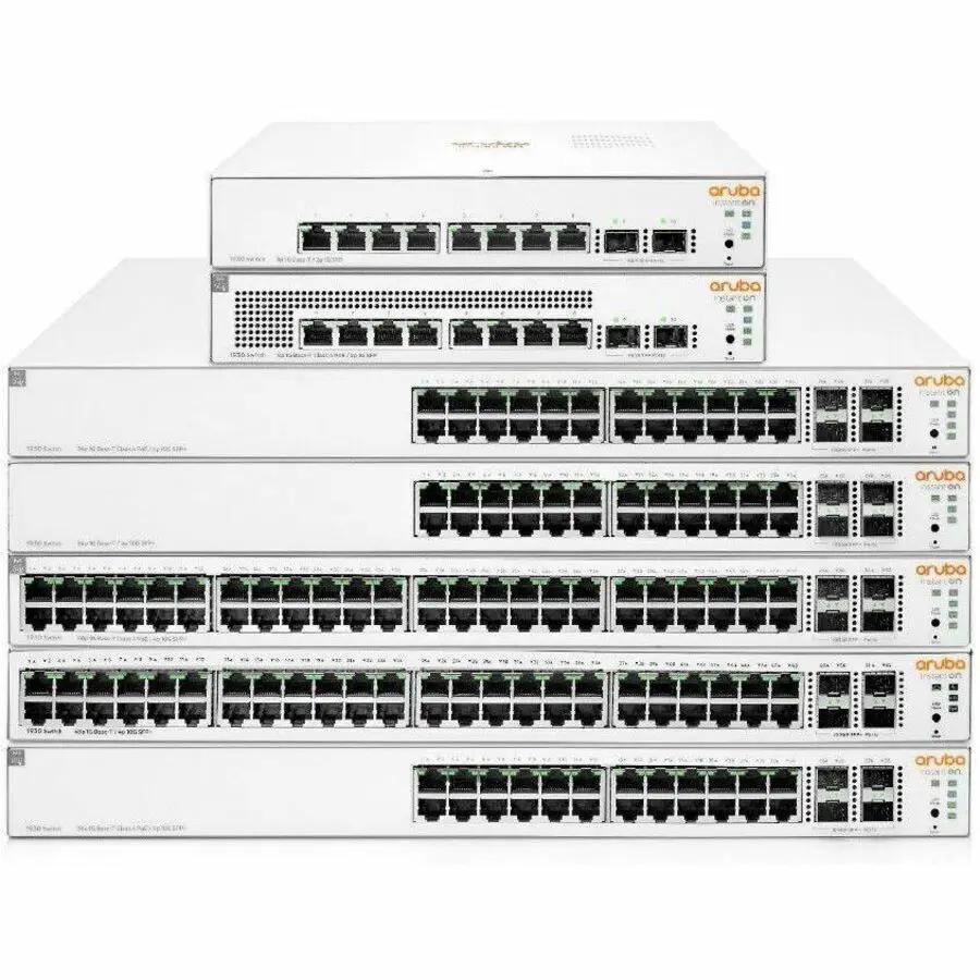 HPE Aruba 1930 24-Port Gigabit PoE managed switch, white rack-mount stack of six units