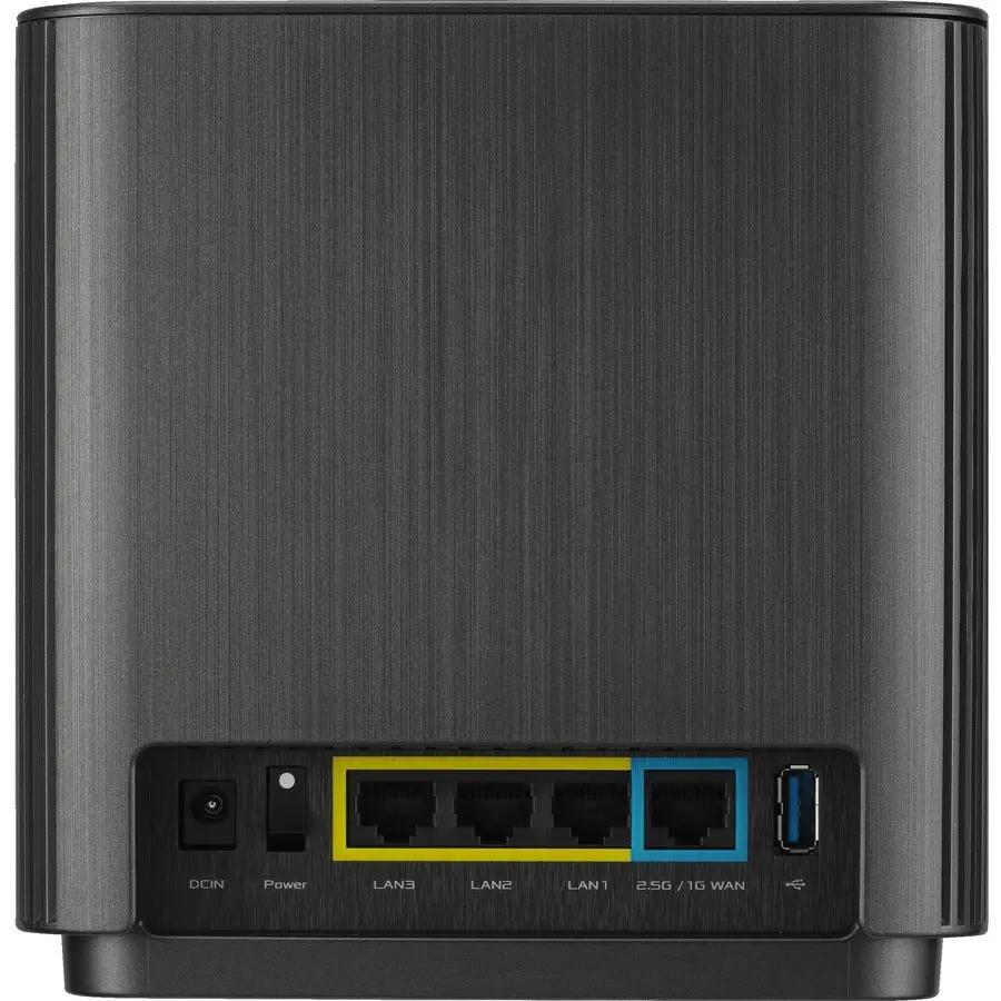 ASUS ZenWiFi XT9 wireless access point rear with blue 2.5G WAN port and yellow-bordered LAN ports, charcoal finish.