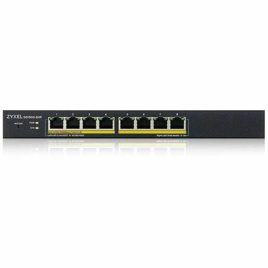 Zyxel GS1900-8HP 8-Port Gigabit PoE+ Switch, front view, black metal chassis with yellow PoE LED stripe