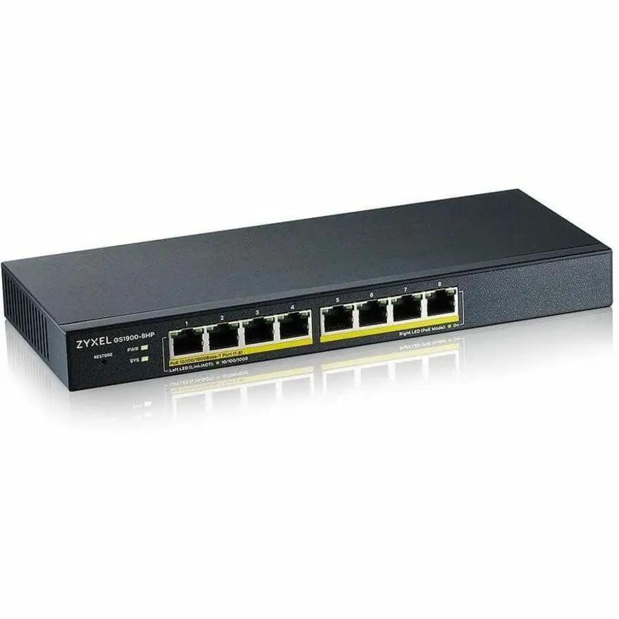 GS1900-8HP Zyxel 8-port Gigabit PoE+ managed switch in black