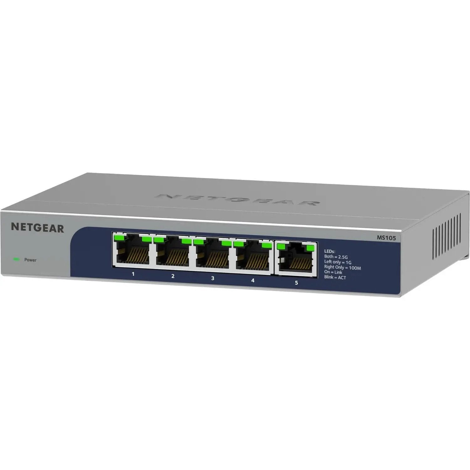 Netgear ProSafe MS105 5-Port 2.5G Unmanaged Switch; silver chassis with blue front panel and NETGEAR branding
