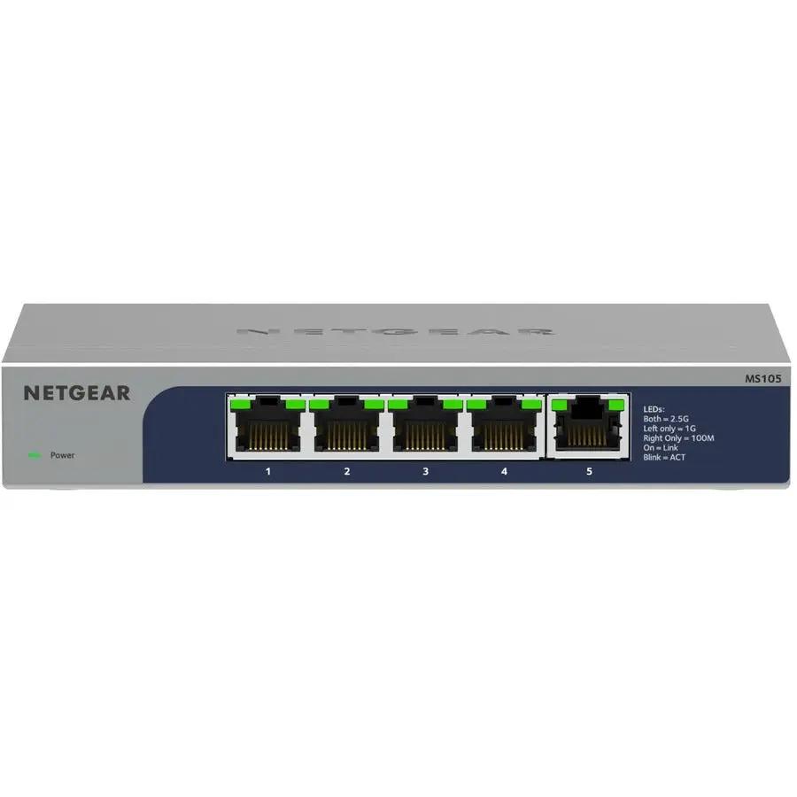 Netgear ProSafe MS105 5-Port 2.5G Unmanaged Switch with five Ethernet ports and green LEDs