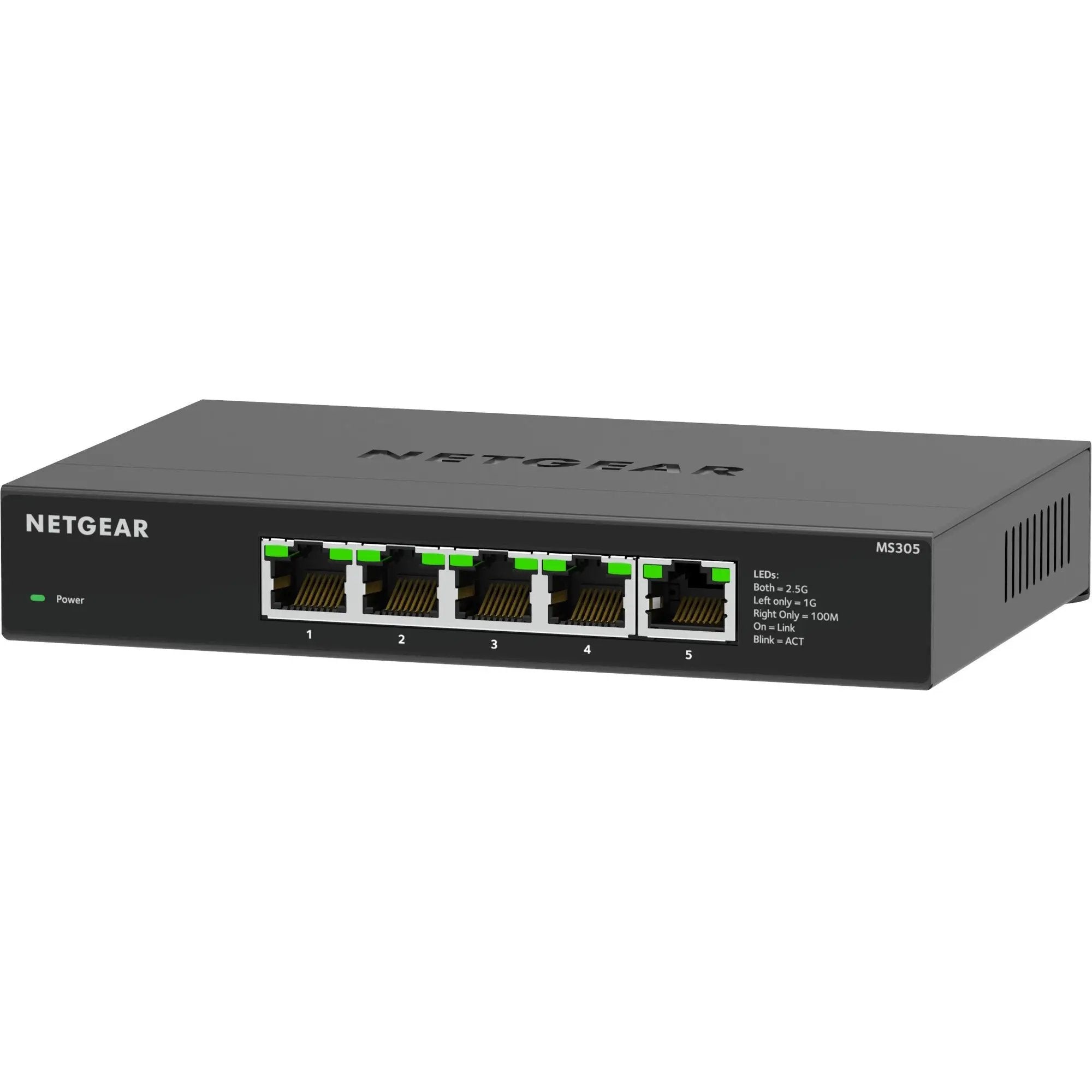 NETGEAR MS305 5-port multi-gig unmanaged switch, black metal chassis with green LEDs