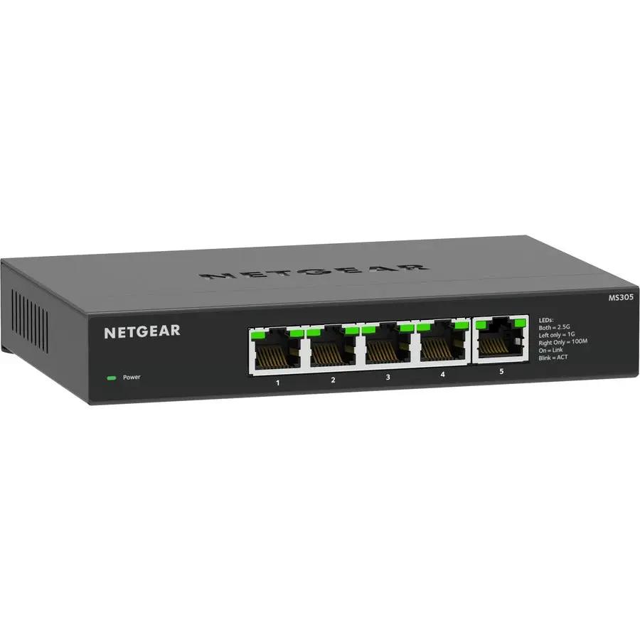 NETGEAR ProSafe MS305 5-Port Multi-Gig Unmanaged Switch, black metal chassis with LED indicators