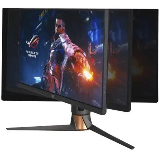 Set of 3 ASUS ROG Swift PG27AQN 27-inch gaming monitors, black with copper stands and ROG logos.