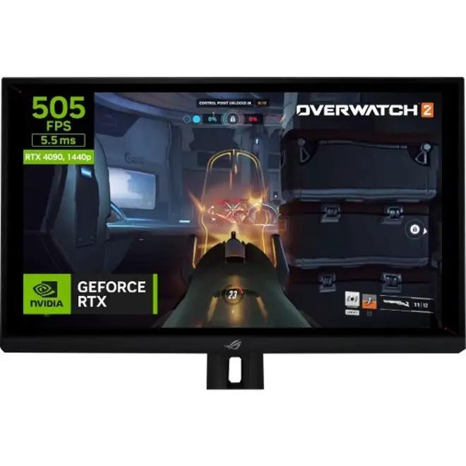 ASUS ROG Swift PG27AQN 27-inch WQHD IPS gaming monitor on stand, displaying Overwatch 2 gameplay.