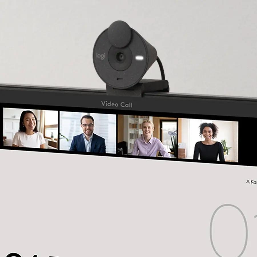 Brio 300 webcam, graphite color, Logitech mounted on monitor; four-person video call UI.