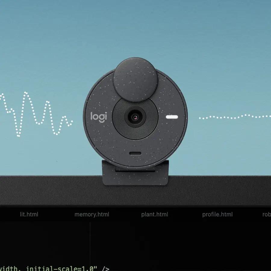 Brio 300 webcam, graphite color, mounted on monitor, Logitech
