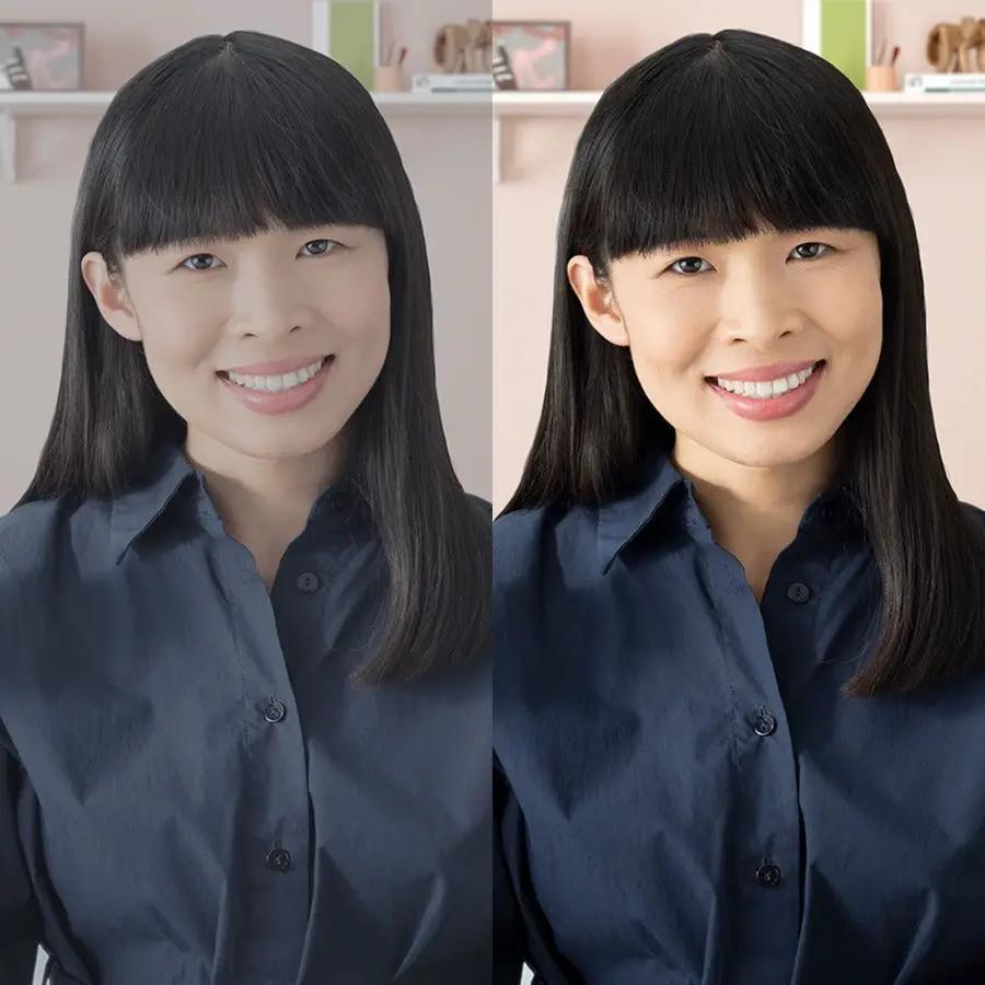 Portrait image of a woman in a navy blue button-down shirt, shown twice side-by-side