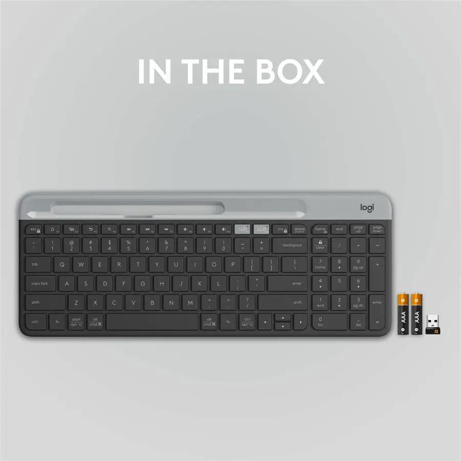 Logitech K585 Multi-Device Slim Wireless Keyboard, Built-in Cradle for device, Bluetooth/Receiver, Easy Switch, Graphite