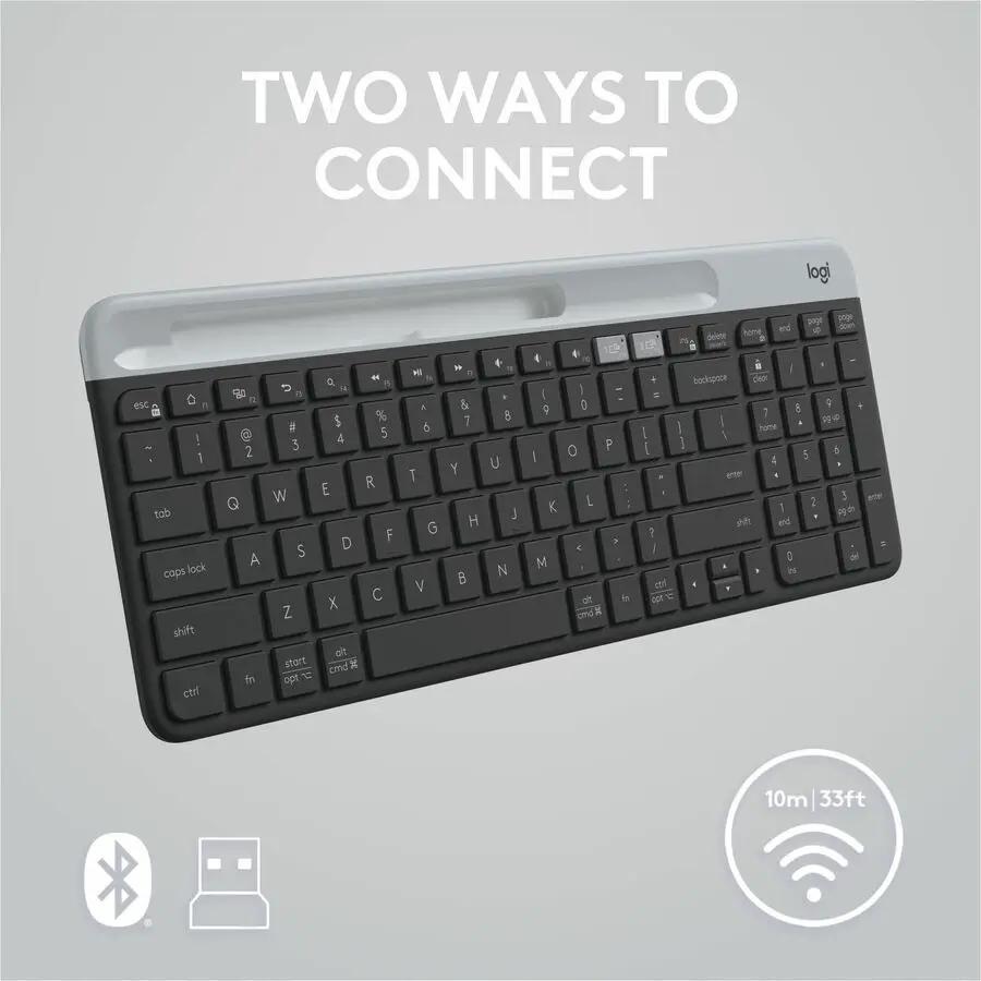 Logitech K585 Multi-Device Slim Wireless Keyboard, Built-in Cradle for device, Bluetooth/Receiver, Easy Switch, Graphite