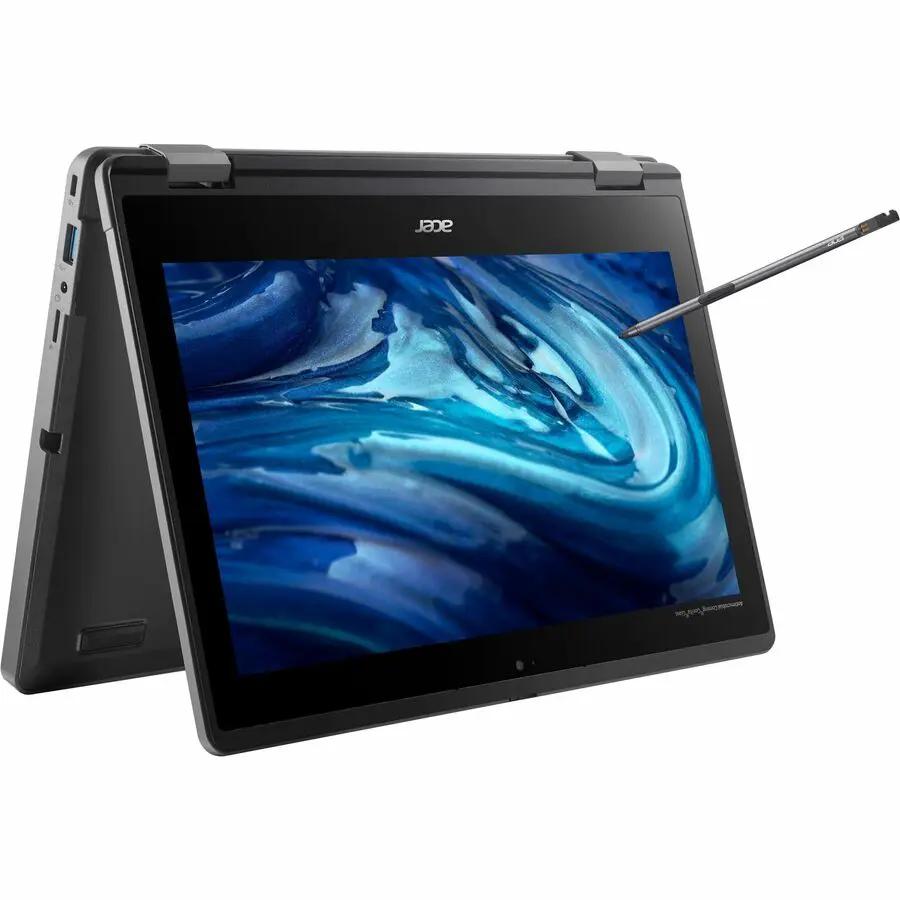 Acer TravelMate Spin B3 2-in-1 laptop with stylus, black, 11.6-inch touchscreen.