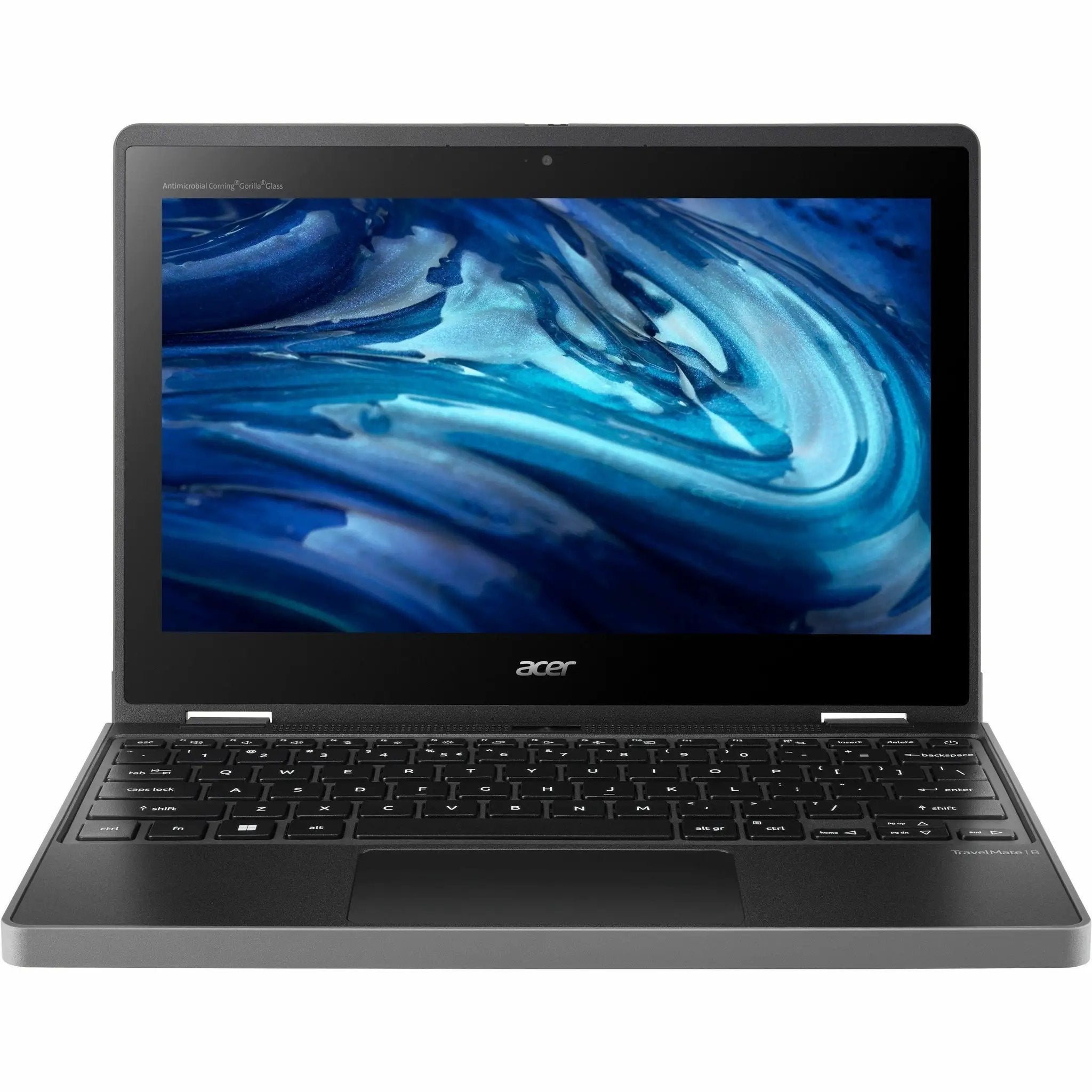 Acer TravelMate Spin B3 2-in-1 laptop, black, open with 11.6-inch touchscreen.