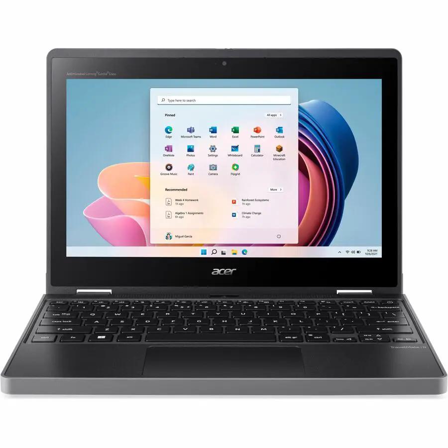 Acer TravelMate Spin B3 2-in-1 laptop, black, open with keyboard visible