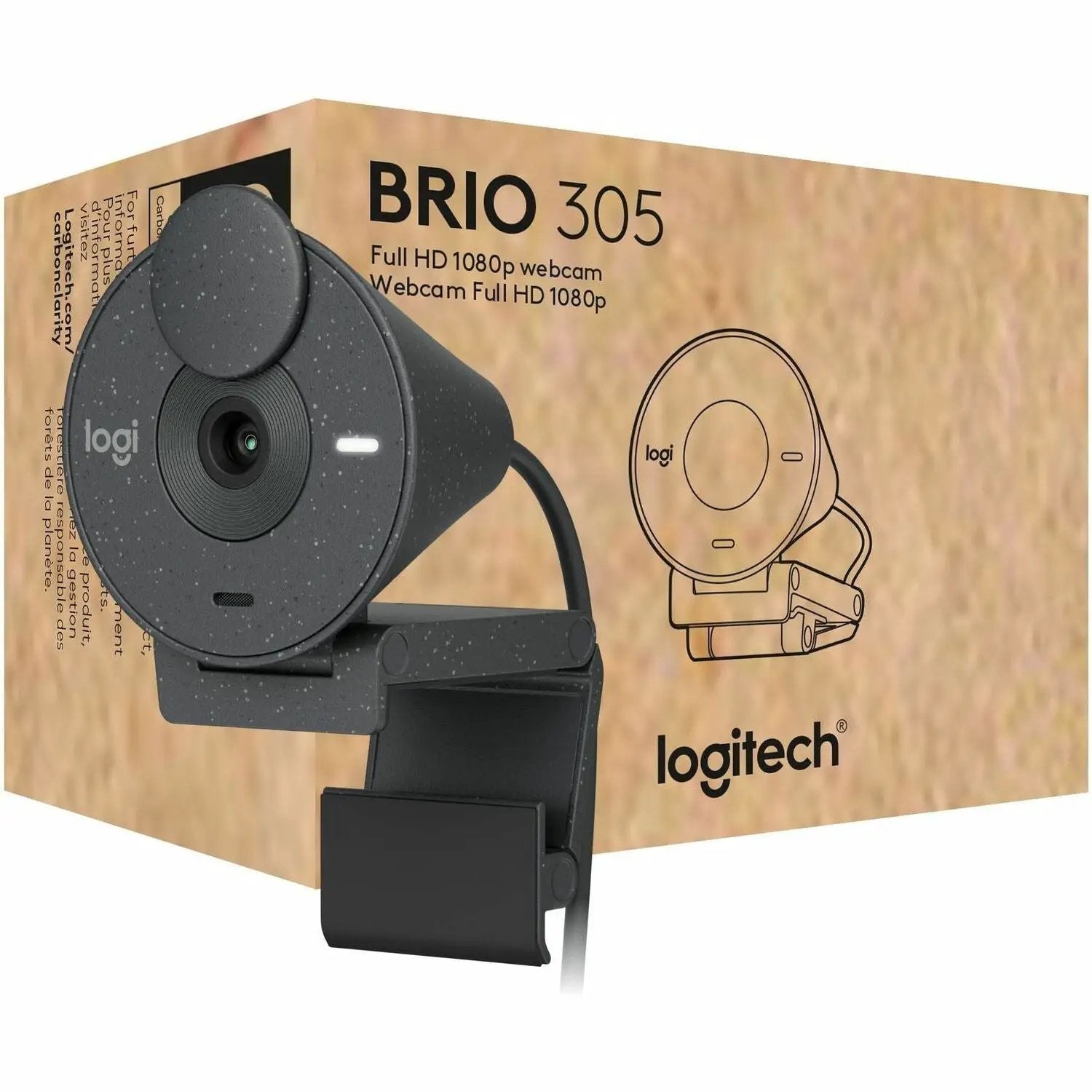 Logitech Brio 305 Full HD 1080p webcam, black, on a stand in front of its packaging box