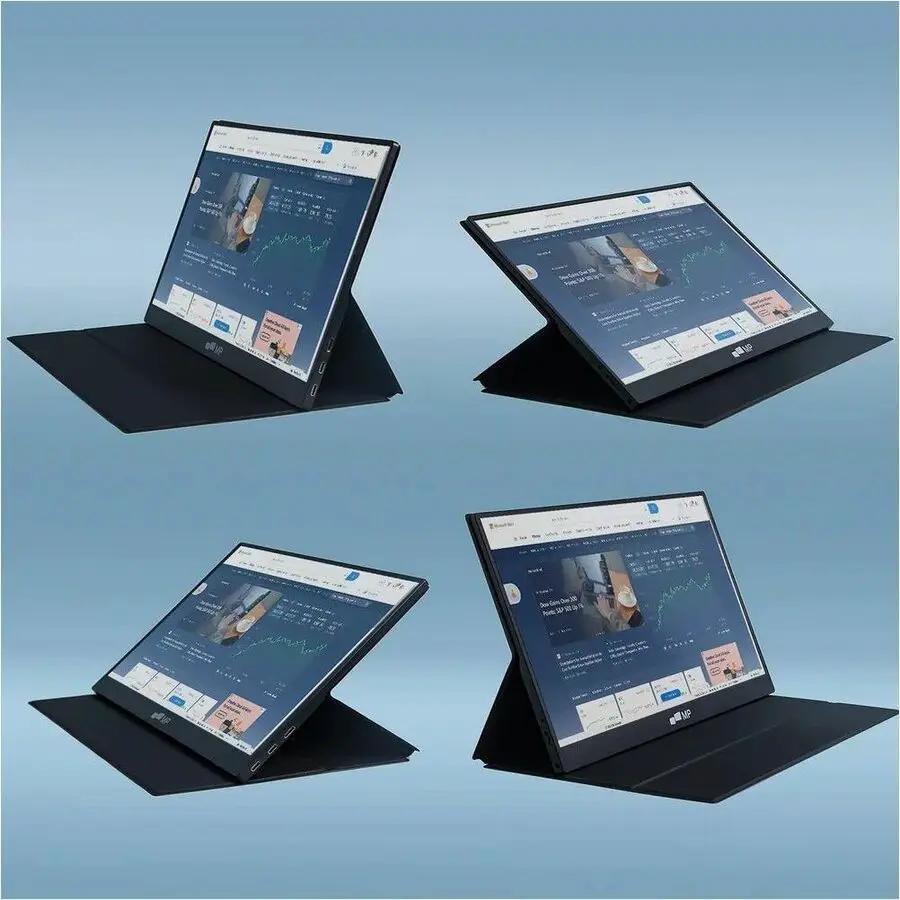 Mobile Pixels Fold 16-inch 1080p FHD portable monitor with black case, shown in four angled views