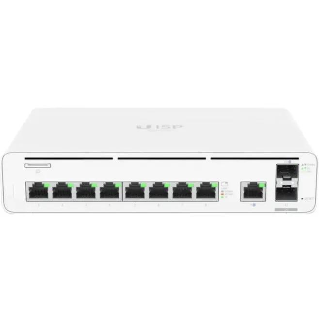 Ubiquiti UISP Console 8-Port SFP+ gateway in white, front panel with eight Ethernet ports