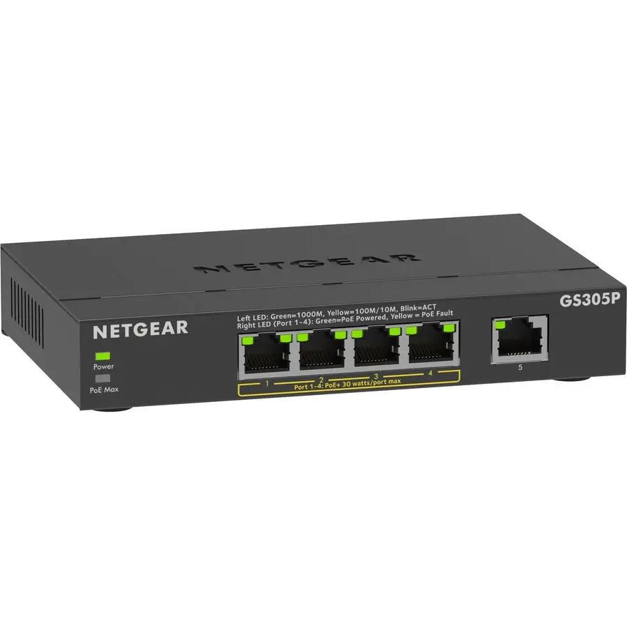 Netgear ProSAFE GS305P 5-Port Gigabit PoE Unmanaged Switch; black metal chassis with LED indicators