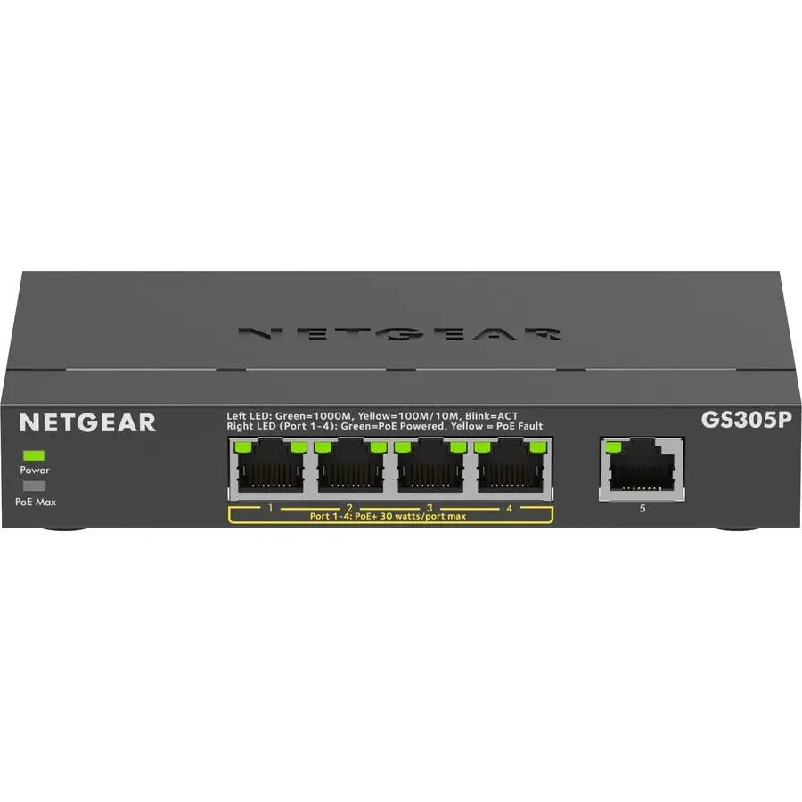NETGEAR ProSAFE GS305P 5-Port Gigabit PoE unmanaged switch, gray metal chassis with 5 RJ-45 ports