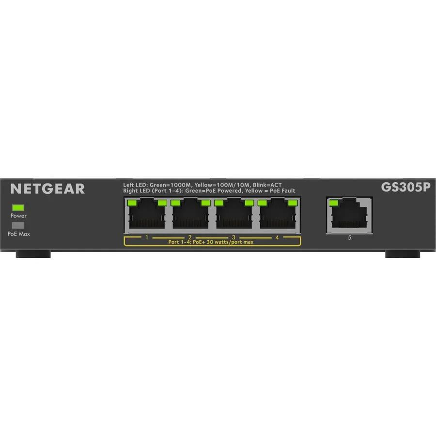 Netgear ProSAFE GS305P 5-Port Gigabit PoE Unmanaged Switch, black front panel with green LEDs above five RJ-45 ports