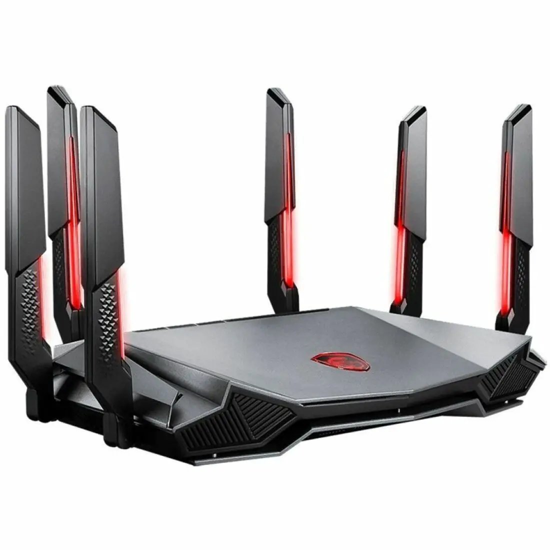 MSI RADIX AXE6600 router with four tall antennas and red LED accents