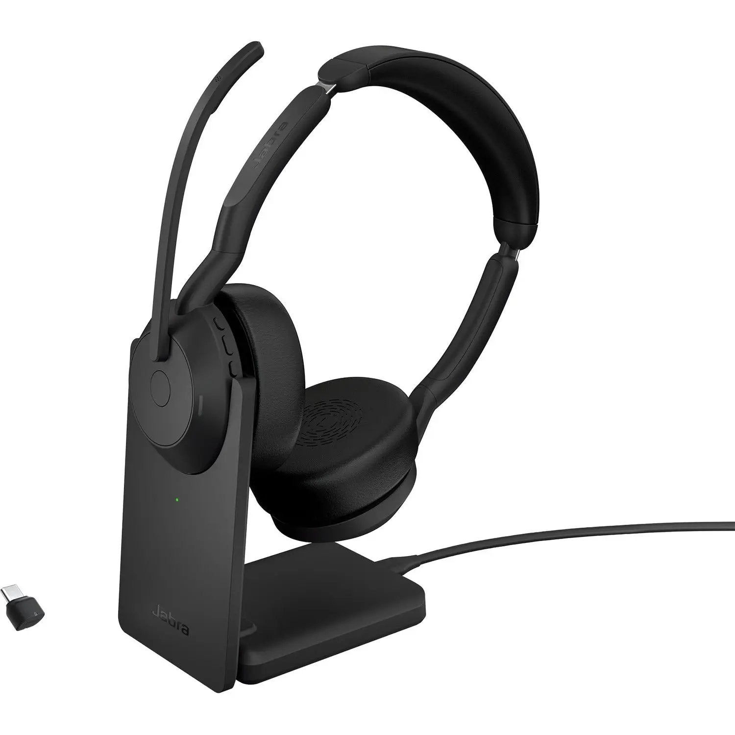 Jabra Evolve2 55 wireless headset on black charging stand with USB dongle