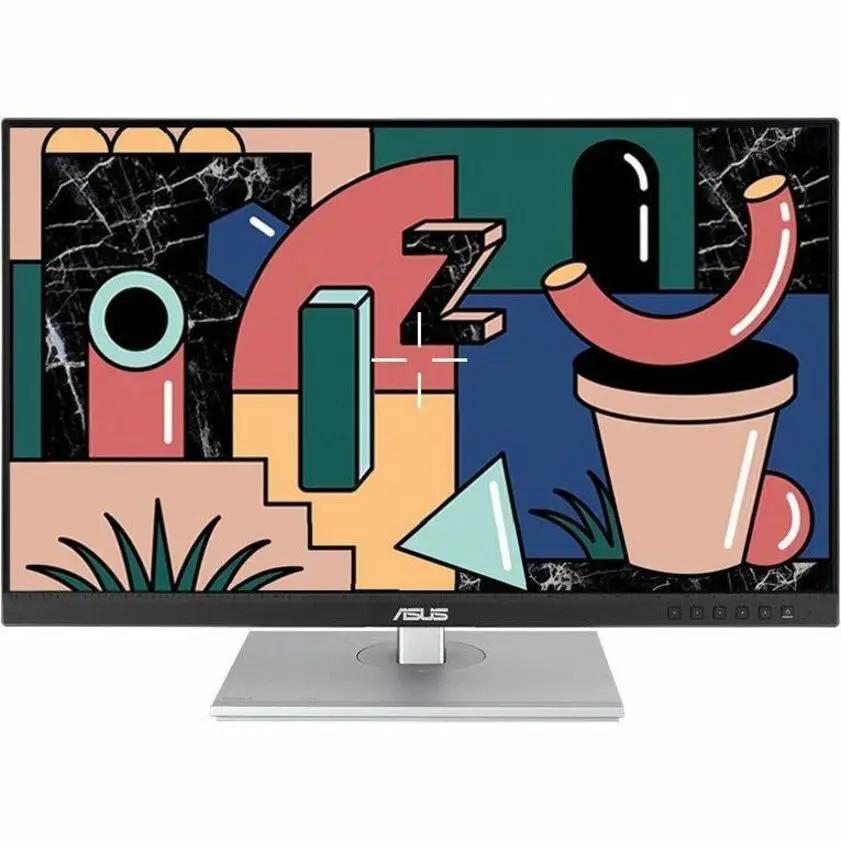 ASUS ProArt PA278CGV 27-inch WQHD IPS 144 Hz monitor with silver stand and colorful abstract wallpaper