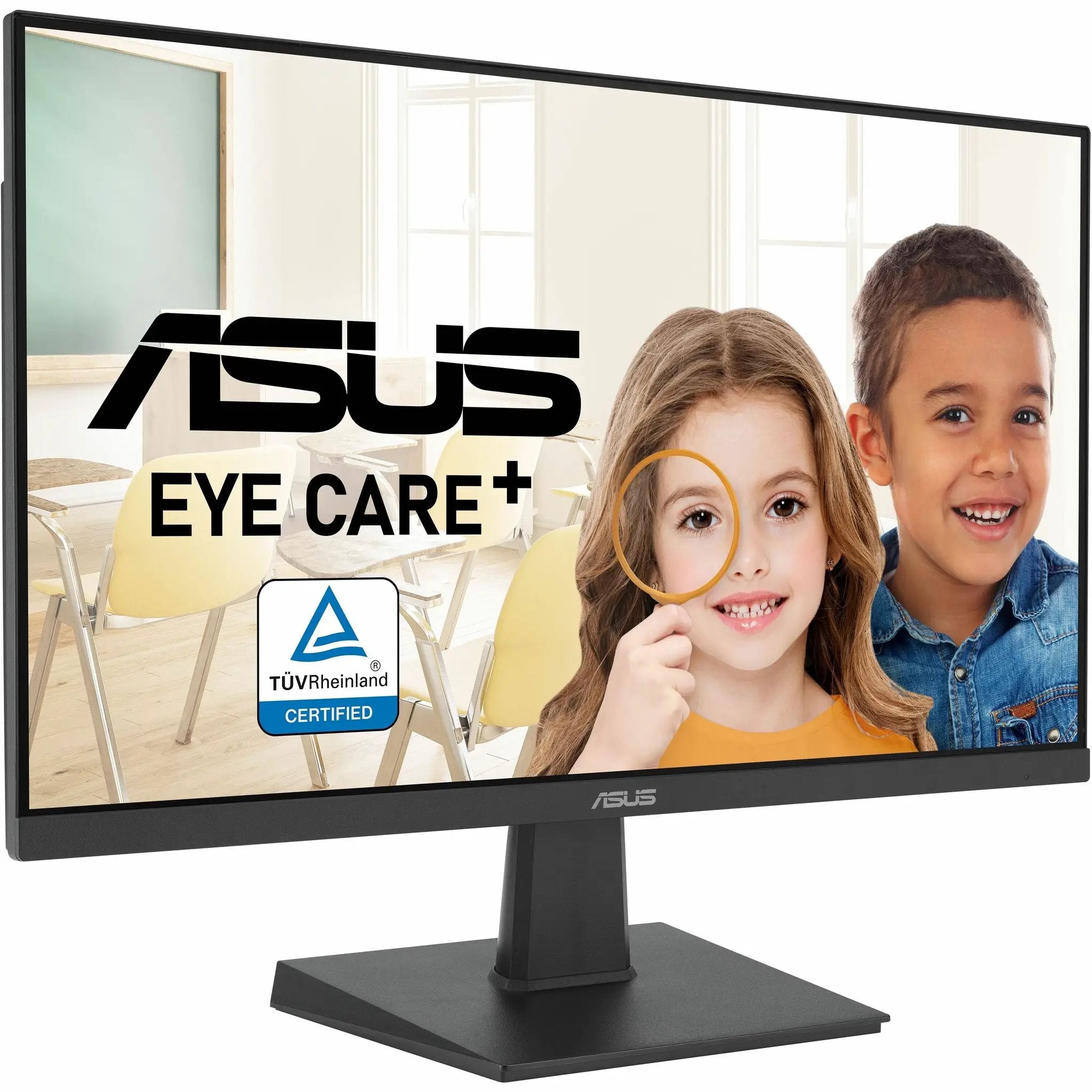 ASUS VA27EHF 27-inch black FHD IPS monitor showing three kids on display with TÜV Rheinland certified badge