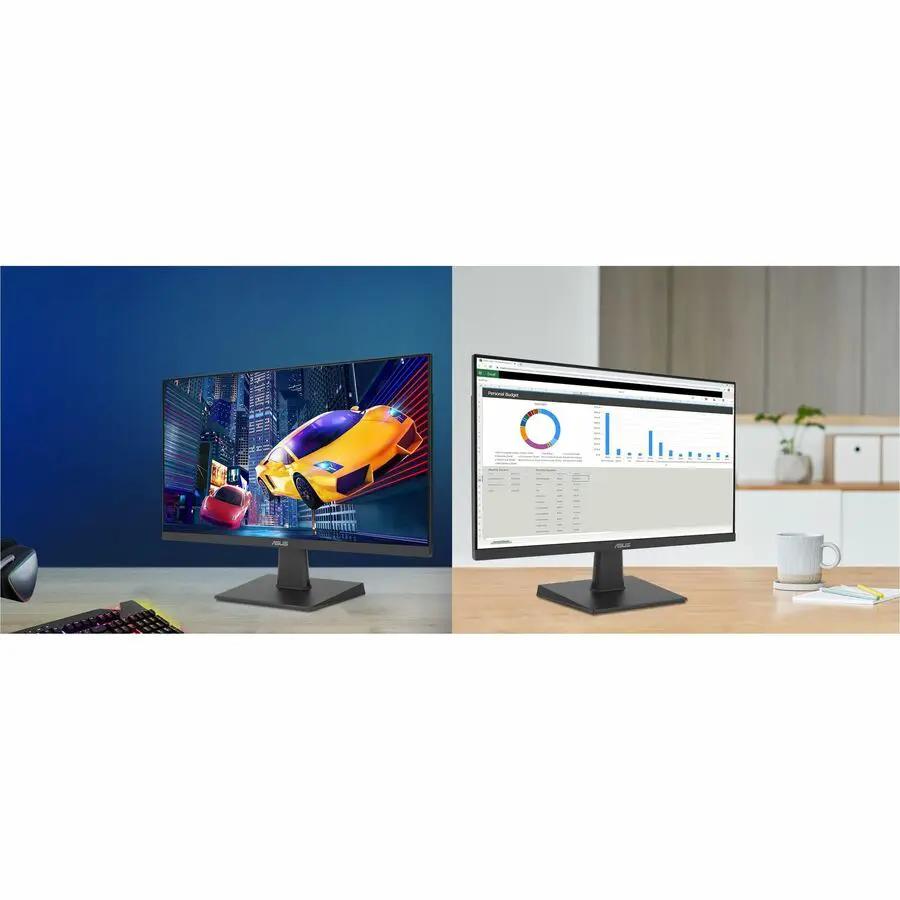 ASUS VA27EHF 27-inch IPS FHD monitor pair on desk; left gaming, right office display, black.
