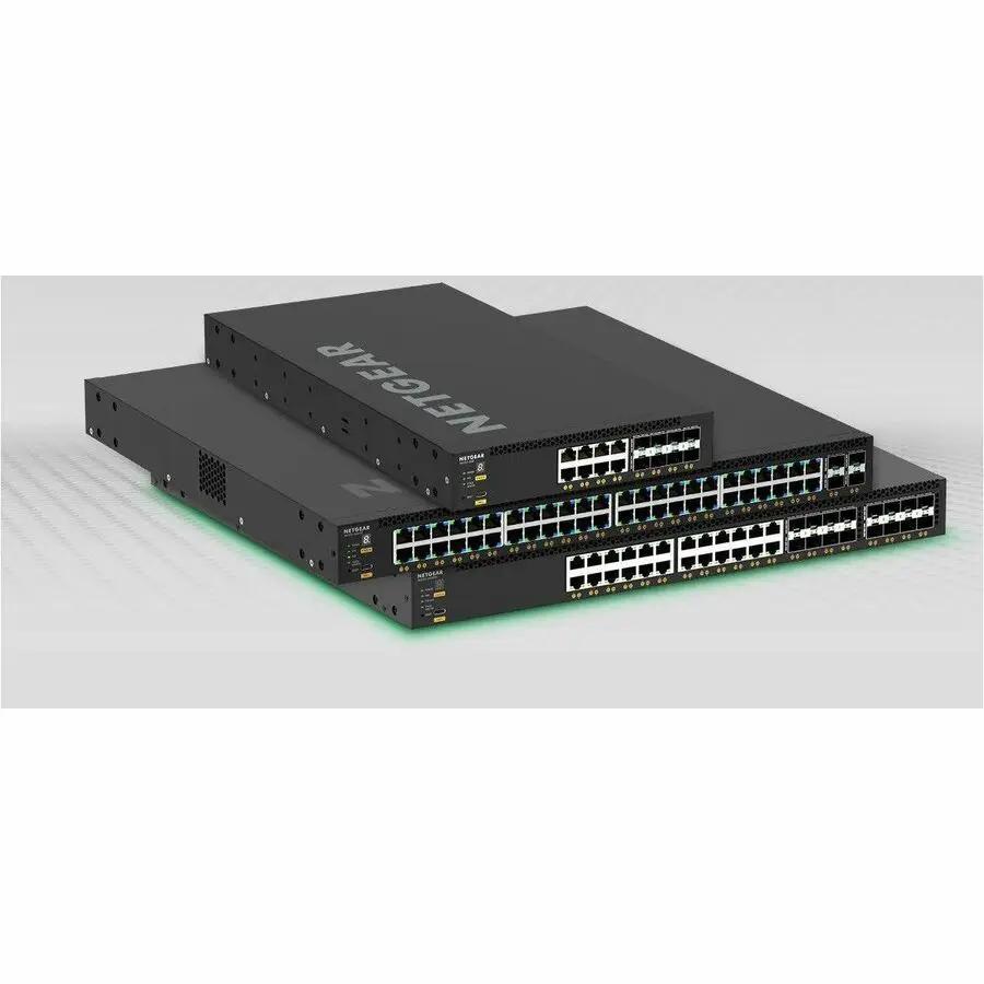 NETGEAR M4350 28-Port Managed Switch, black metal chassis, two units stacked with Ethernet ports.