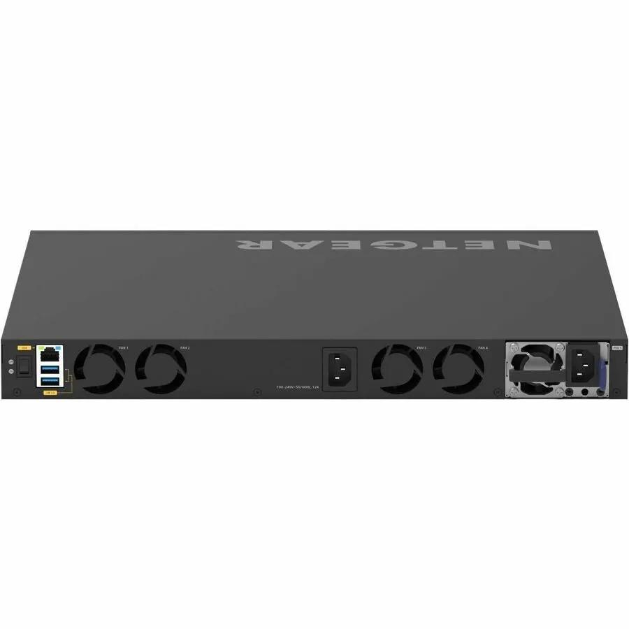 NETGEAR M4350 28-Port Managed Switch, black, front view with fans and power connector