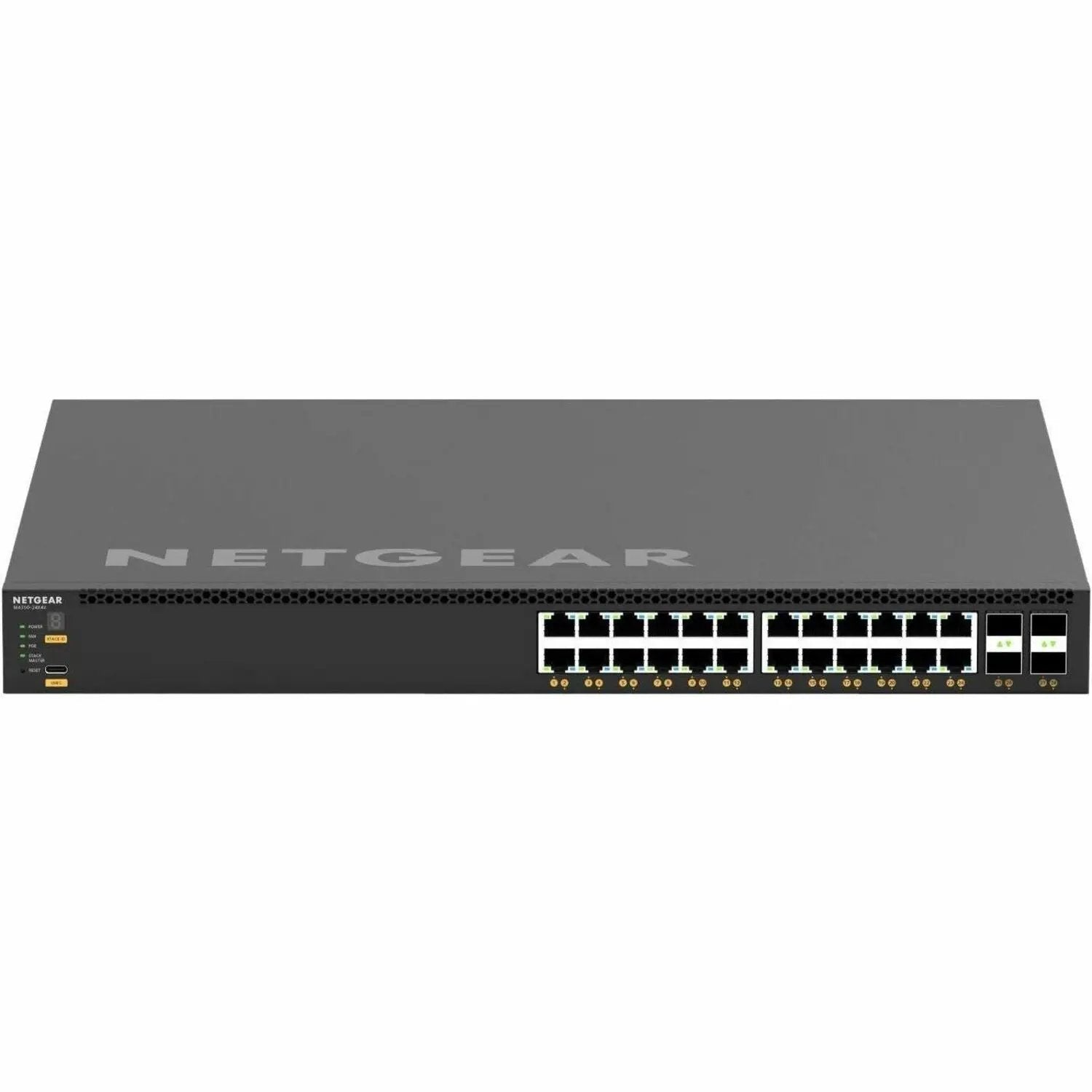 NETGEAR M4350 28-Port Managed Switch in black metal chassis, front view with 28 ports.