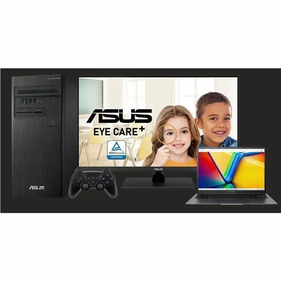 ASUS VP327Q 31.5-inch 4K UHD LED monitor with desktop PC tower, laptop, and gamepad.