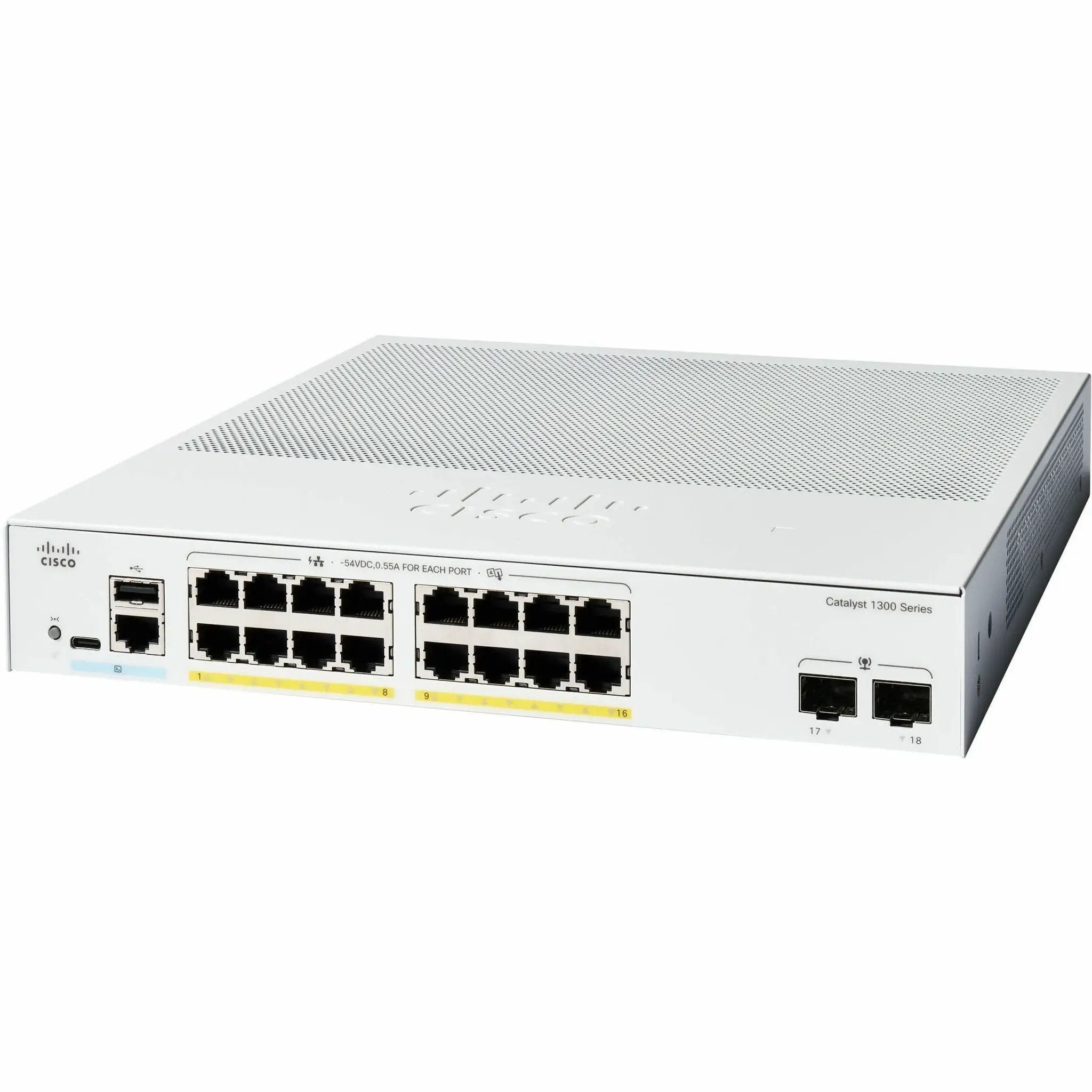 Cisco Catalyst 1300 Series 16-Port GE PoE SFP switch, white metal chassis, front panel.