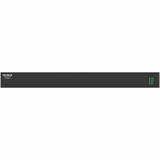 NETGEAR wired router in a black 1U rack-mount front panel with green status LEDs.