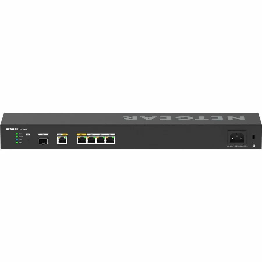 NETGEAR six-port managed router with front-panel LEDs on a white surface